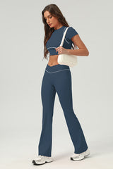 Women Urban Quick-Dry Color-Block Tennis Yoga Outfit Set With Crop Top & Flared Pants