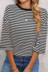 Women's Striped Round Neck Back Tie Blouse Loose T-shirt