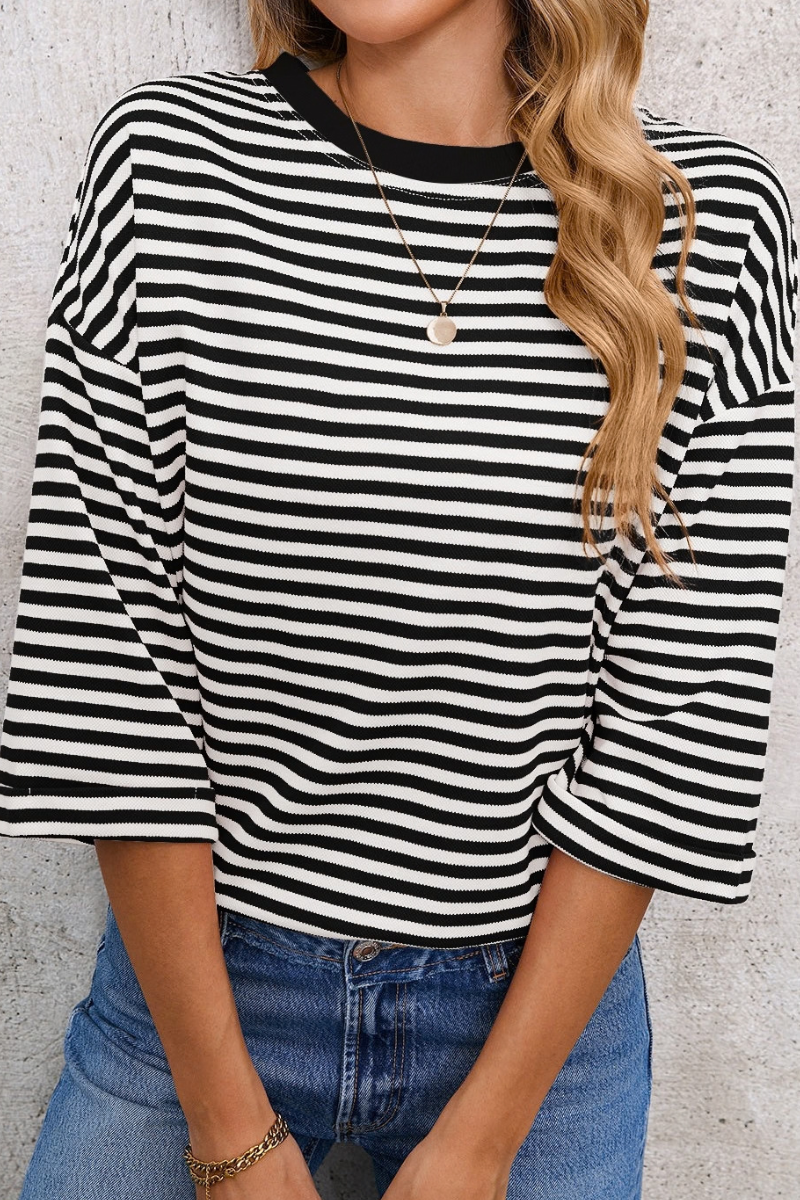 Women's Striped Round Neck Back Tie Blouse Loose T-shirt