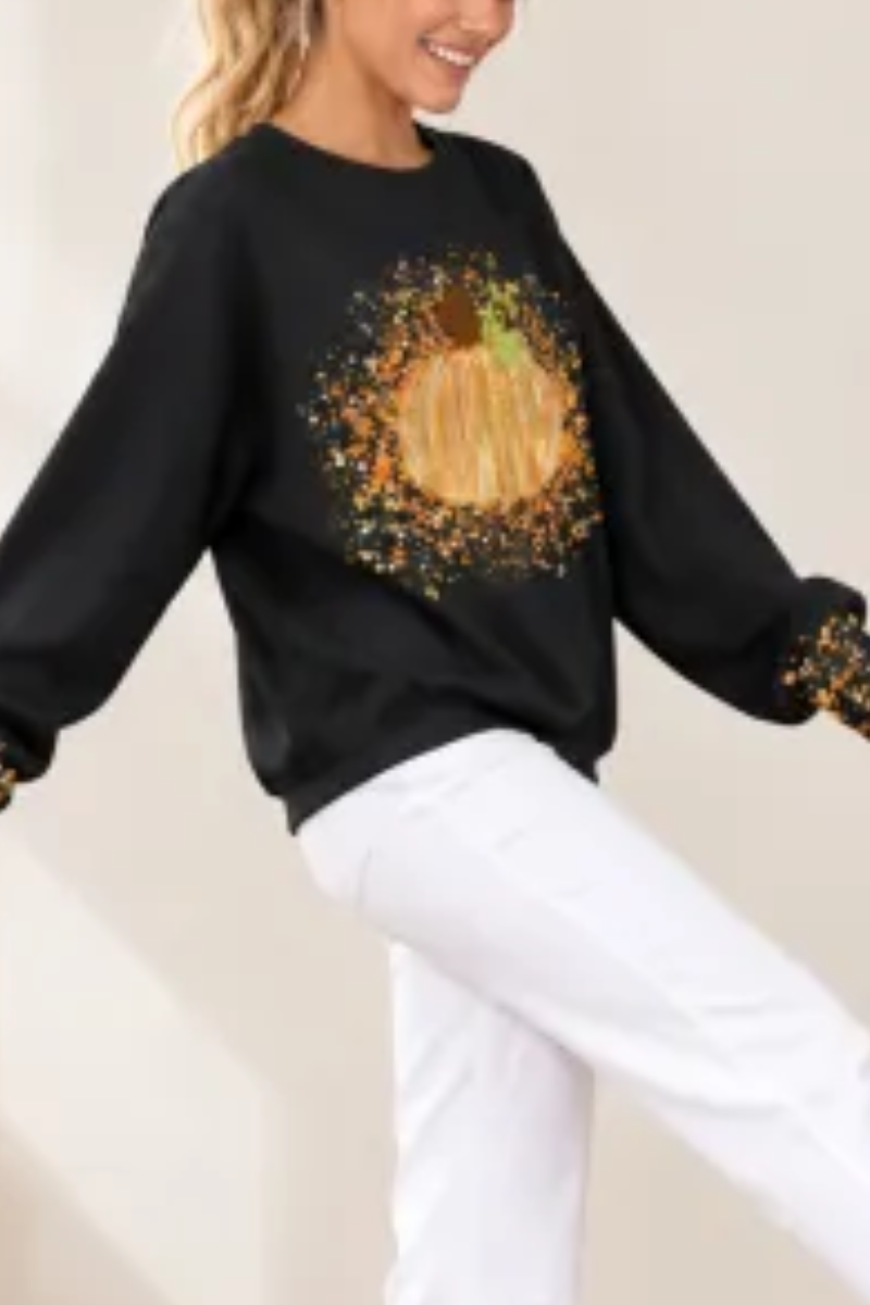 Women's Fall Halloween Cute Pumpkin Glitter Print Pullover