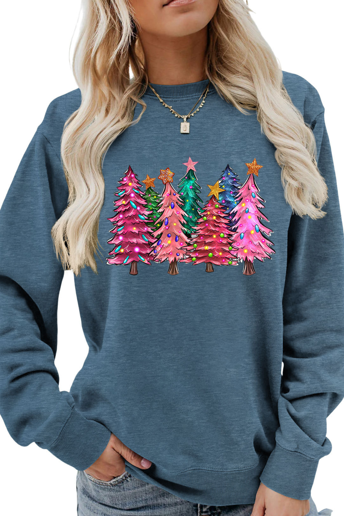 Women's Christmas Colorful Tree Print Crew Neck Sweatshirt