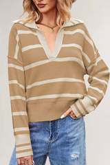 Women's Contrast Stripe Collared V Neck Knit Sweater
