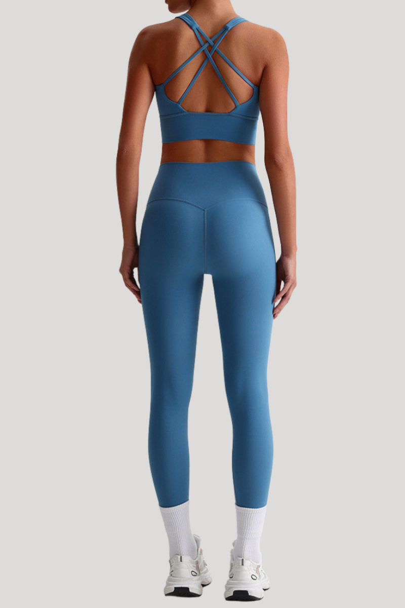 Women Naked Feel Cross Back Yoga Set: High Waisted Seamless Tummy Control Leggings + Crisscross Sports Bra