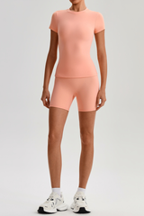 Women's Solid Slim Fit T-shirt & No Front Seam Shorts Yoga Set