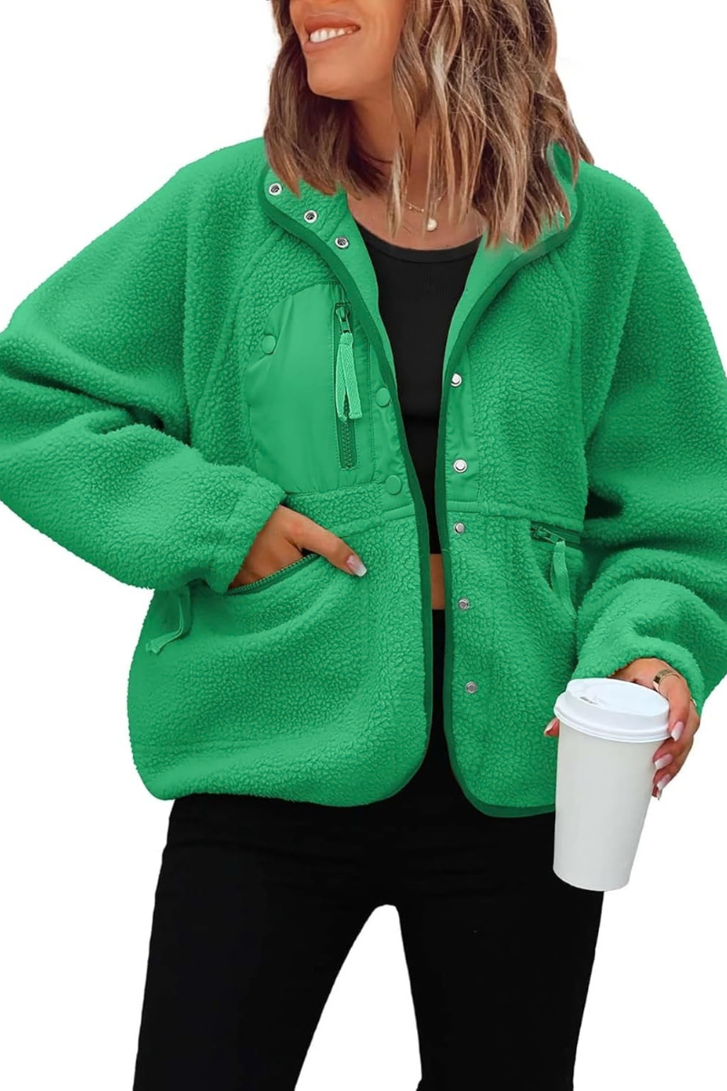 Women's Fall/Winter Patch Pockets Fleece Snap Button Jacket