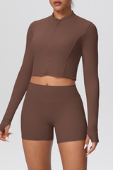 Women's Two Piece Set:Stand Collar Cropped Jacket And Shorts