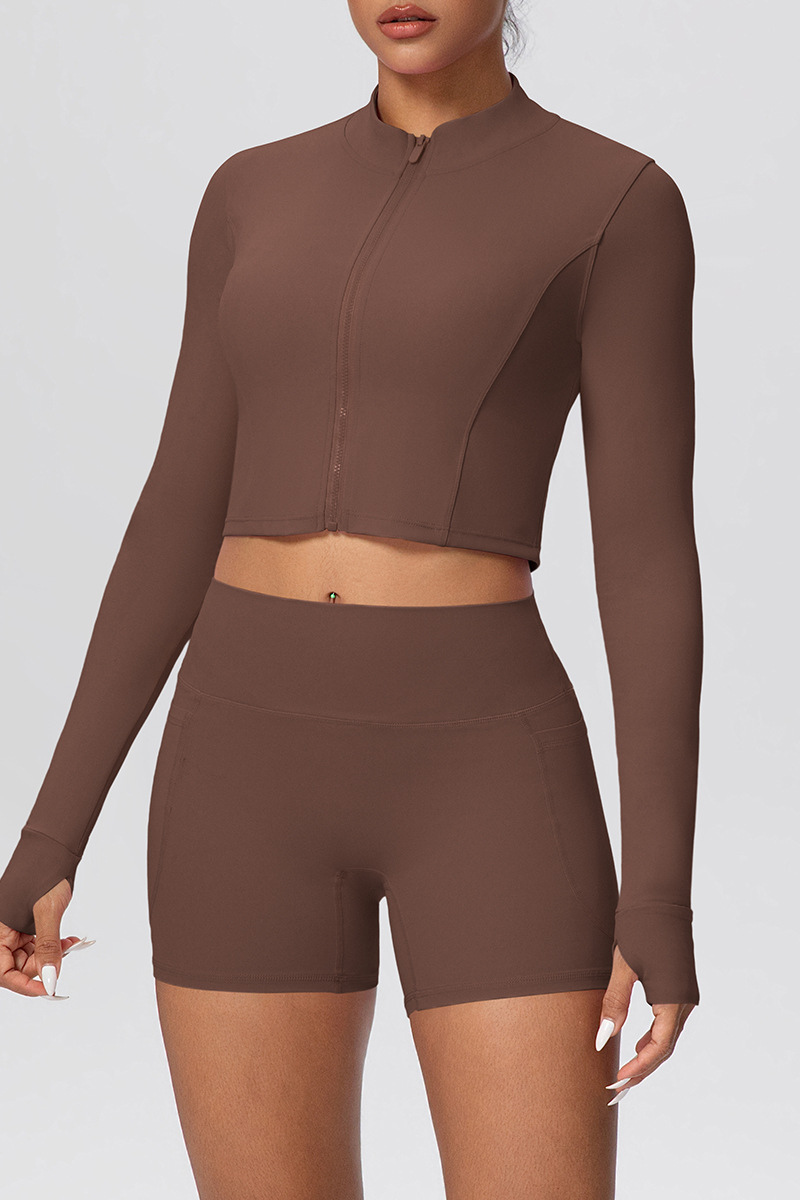 Women's Two Piece Set:Stand Collar Cropped Jacket And Shorts