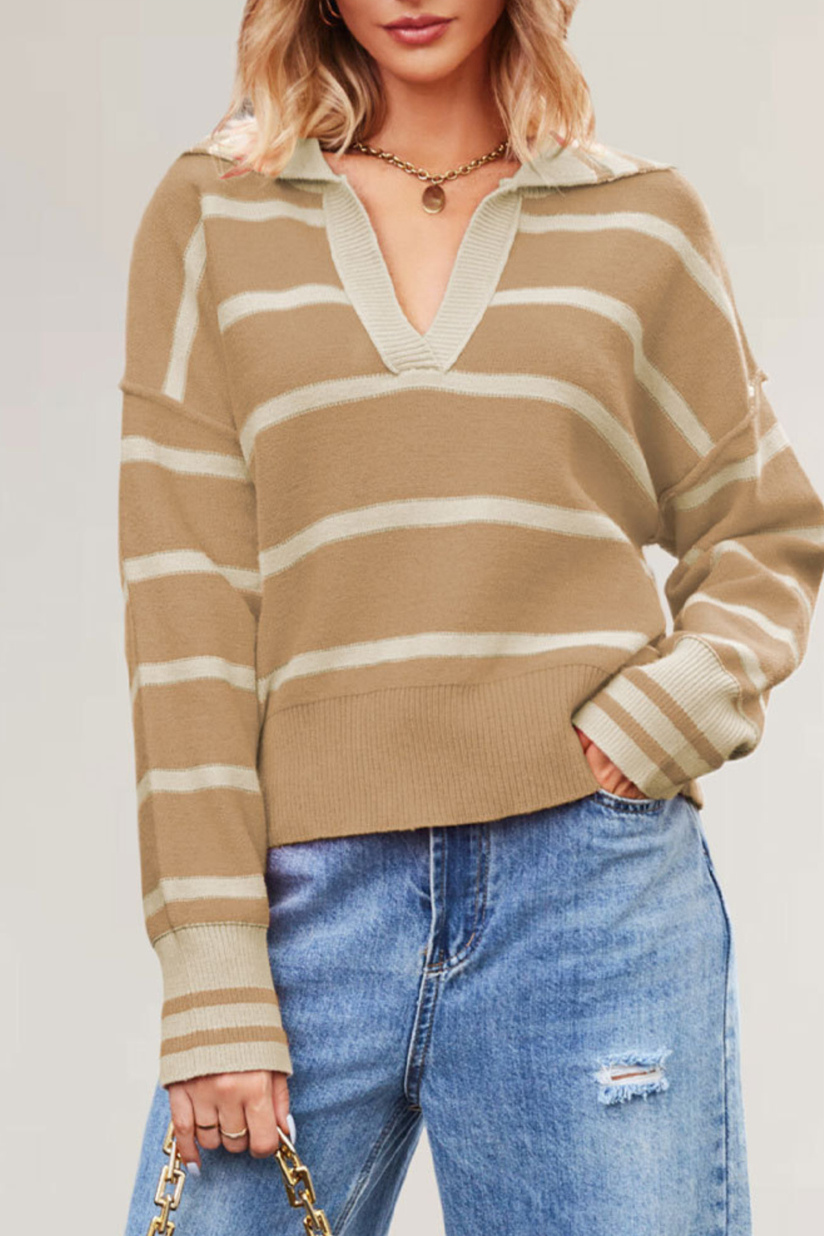 Women's Contrast Stripe Collared V Neck Knit Sweater
