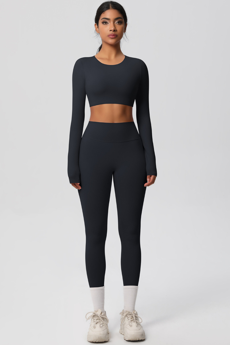 Women Tight Yoga Set:Long Sleeve Top + High Waisted Leggings