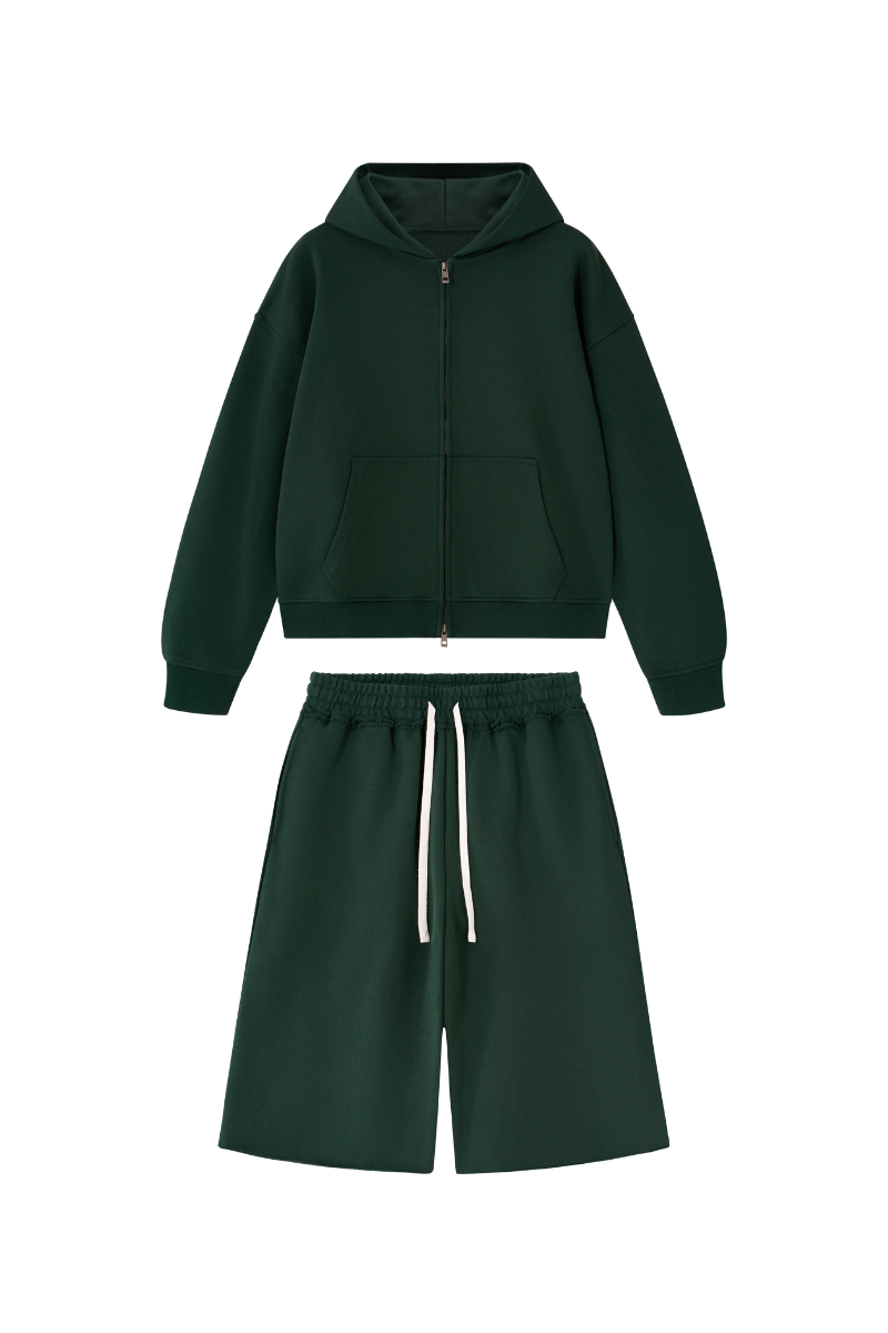 Men's 100% Cotton Loungewear Sets:Hooded Jacket &Mid Shorts