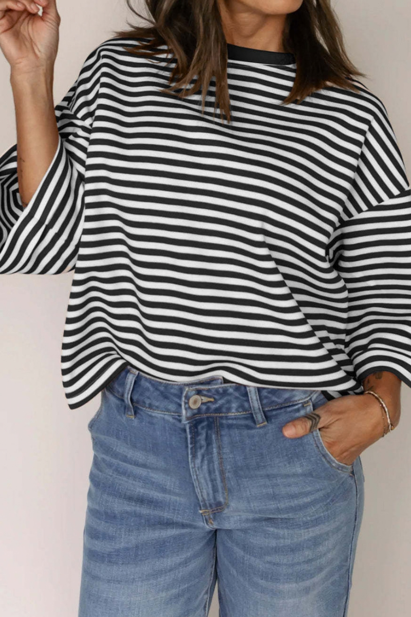 Women's Striped Round Neck Back Tie Blouse Loose T-shirt