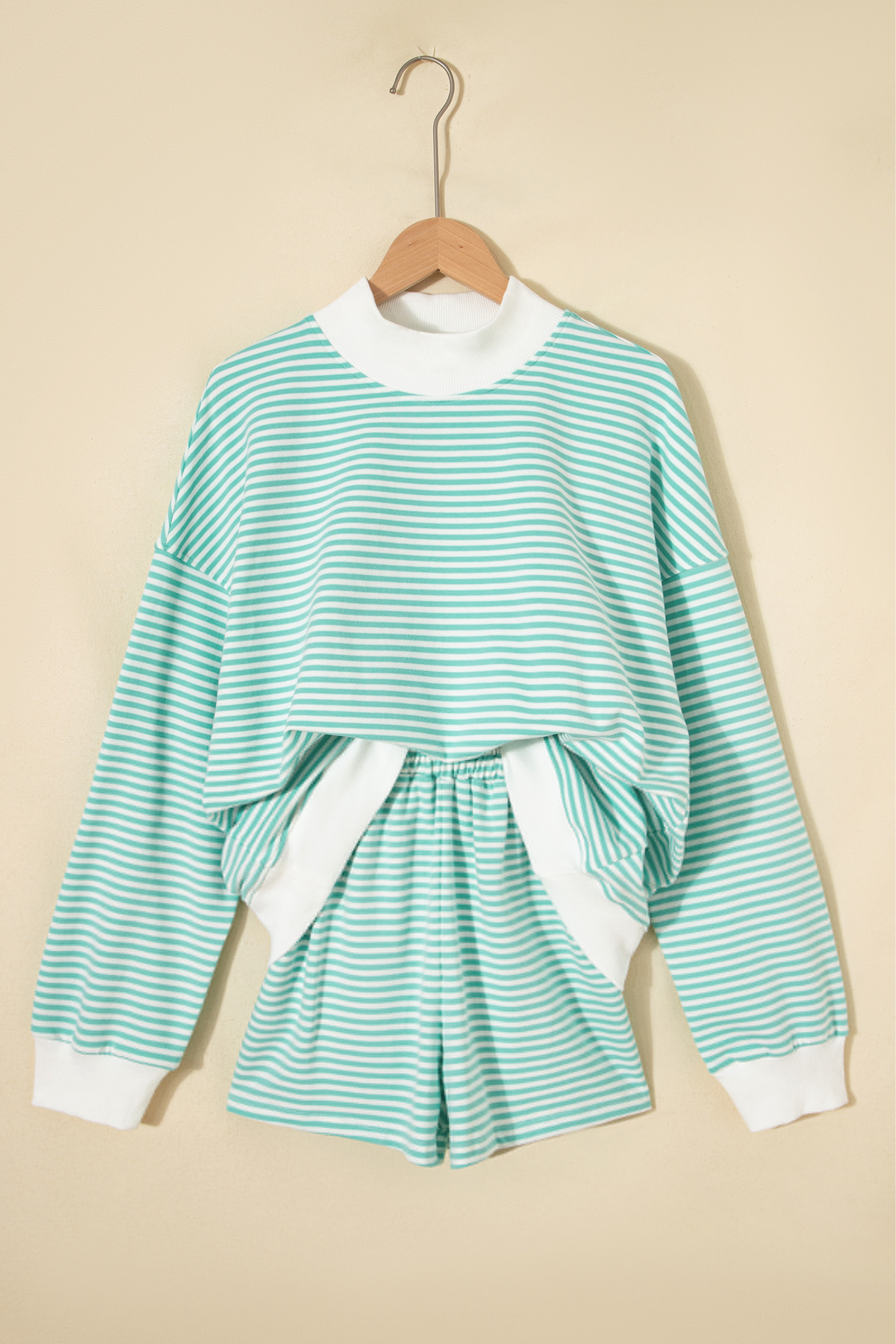 Women's Loungewear Sets:Striped Mock Neck Sweatshirt &Shorts