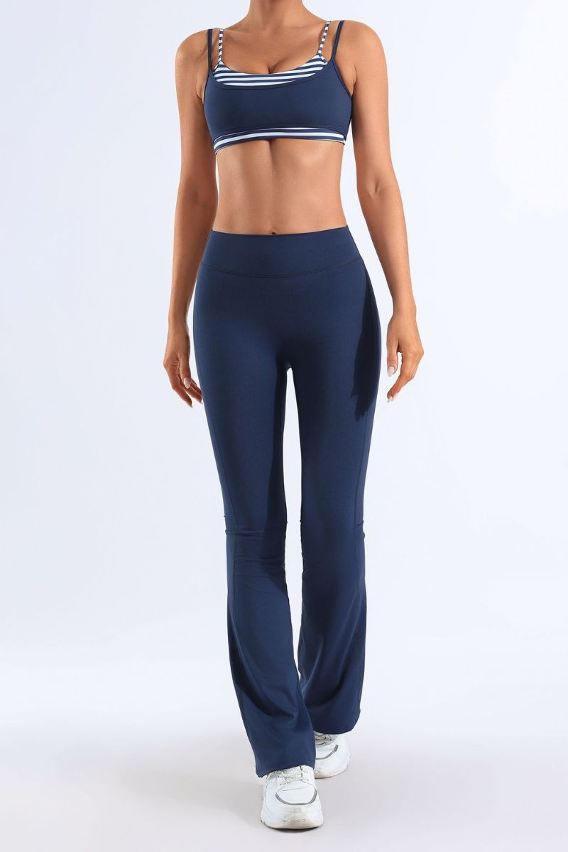 Women's Bare Feel Striped Color Block Bra & Flared Pants Yoga Set