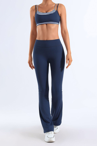 Women's Bare Feel Striped Color Block Bra & Flared Pants Yoga Set