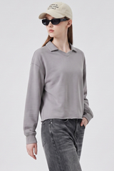 Unisex Fall 100% Cotton Washed Boxy V-Neck Polo Sweatshirt