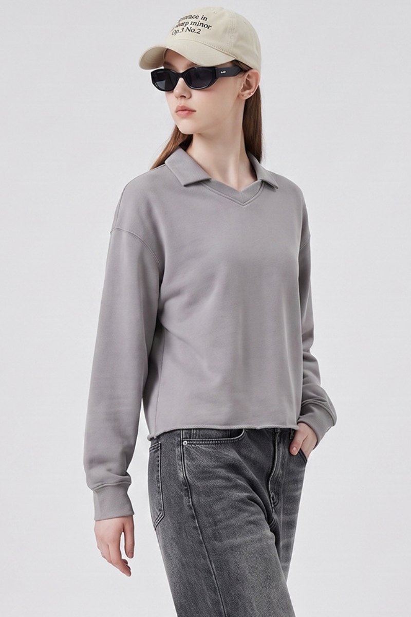 Unisex Fall 100% Cotton Washed Boxy V-Neck Polo Sweatshirt
