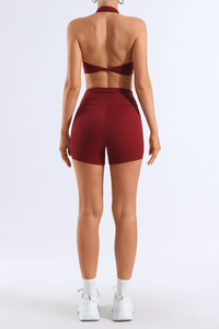 Women's Halter Neck Ruched Front Bra & V-Waist Shorts Yoga Set