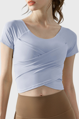 Women’s Stretch-Knit Cap-Sleeve Cropped Gym Tee with Crisscross Front