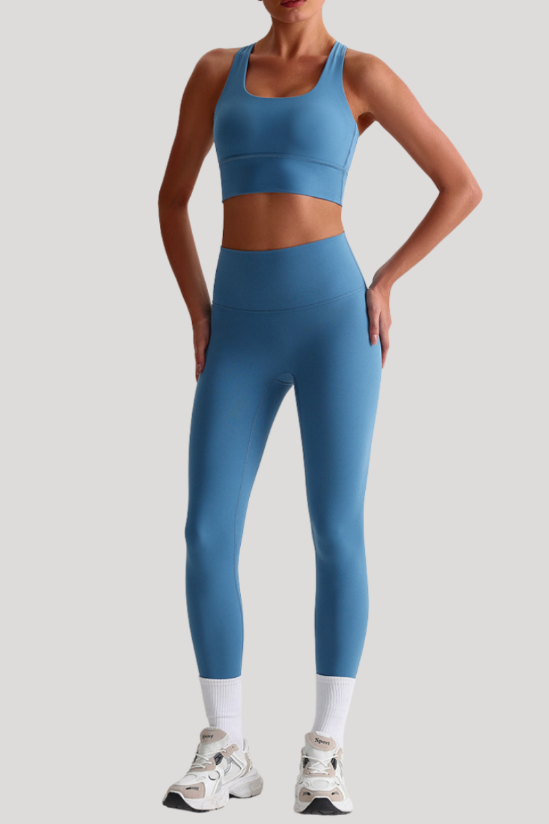 Women Naked Feel Cross Back Yoga Set: High Waisted Seamless Tummy Control Leggings + Crisscross Sports Bra
