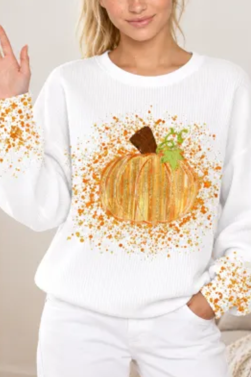 Women's Fall Halloween Cute Pumpkin Glitter Print Pullover
