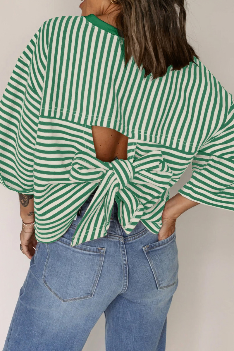 Women's Striped Round Neck Back Tie Blouse Loose T-shirt