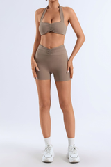 Women's Halter Neck Ruched Front Bra & V-Waist Shorts Yoga Set