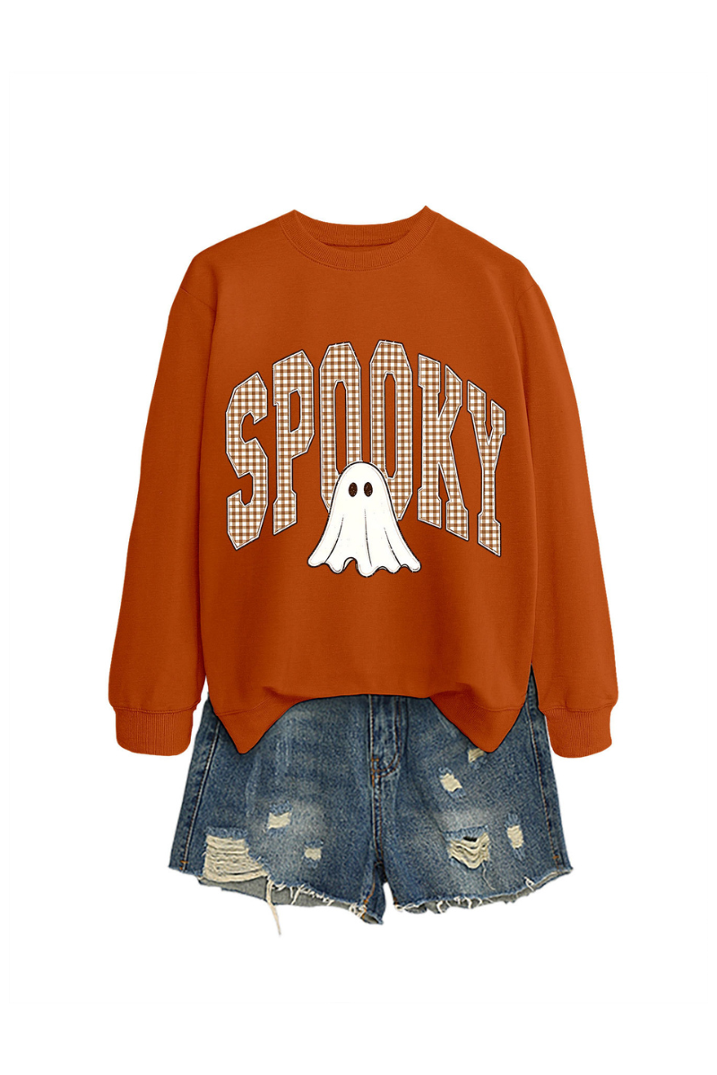 Women's Fall Halloween Plaid Ghost Print Oversize Pullover
