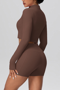 Women's Two Piece Set:Stand Collar Cropped Jacket And Shorts