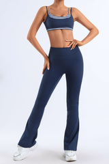 Women's Bare Feel Striped Color Block Bra & Flared Pants Yoga Set