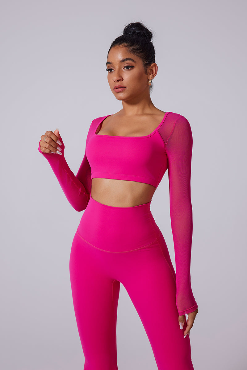 Women'S Square Neckline Mesh Shows The Navel Back Pleated Athletic Long Sleeves