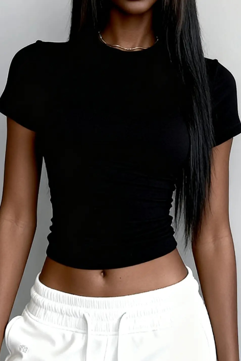 Women's slim round neck solid color short sleeves