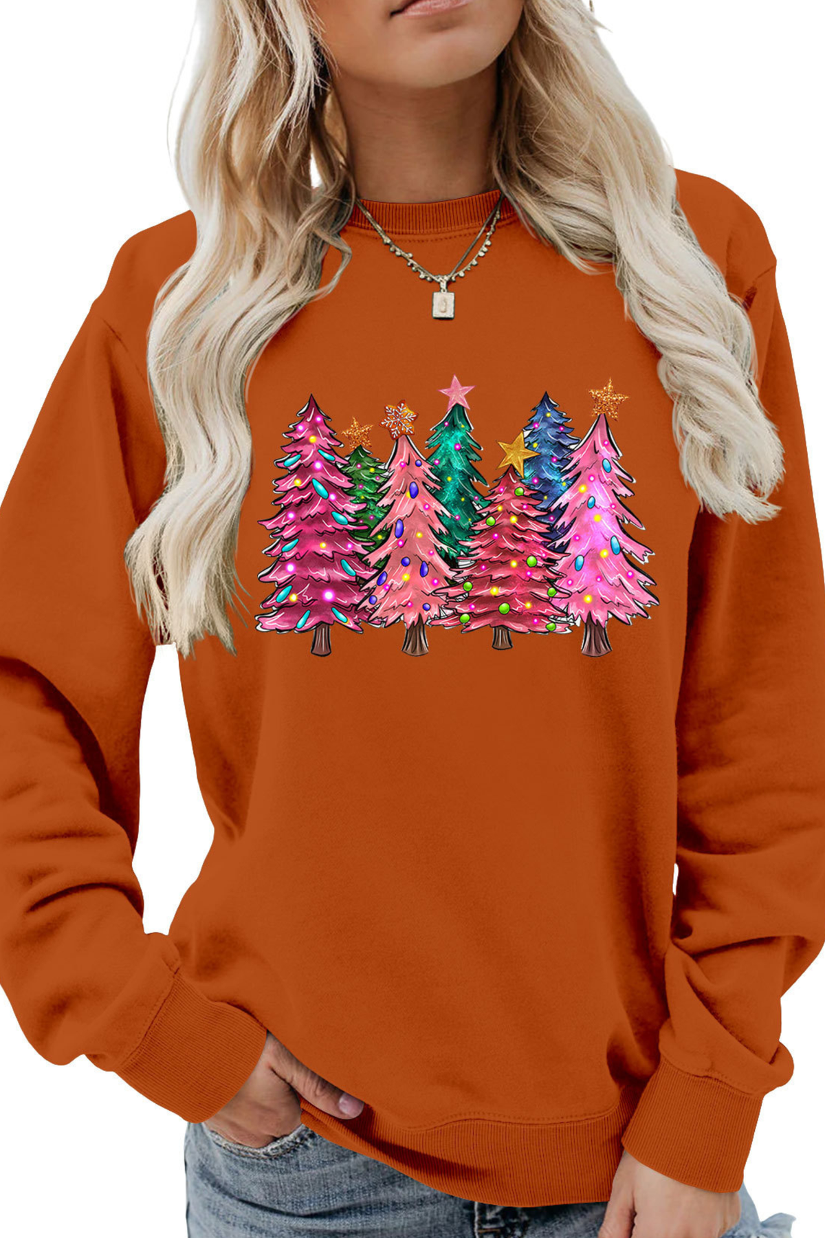 Women's Christmas Colorful Tree Print Crew Neck Sweatshirt