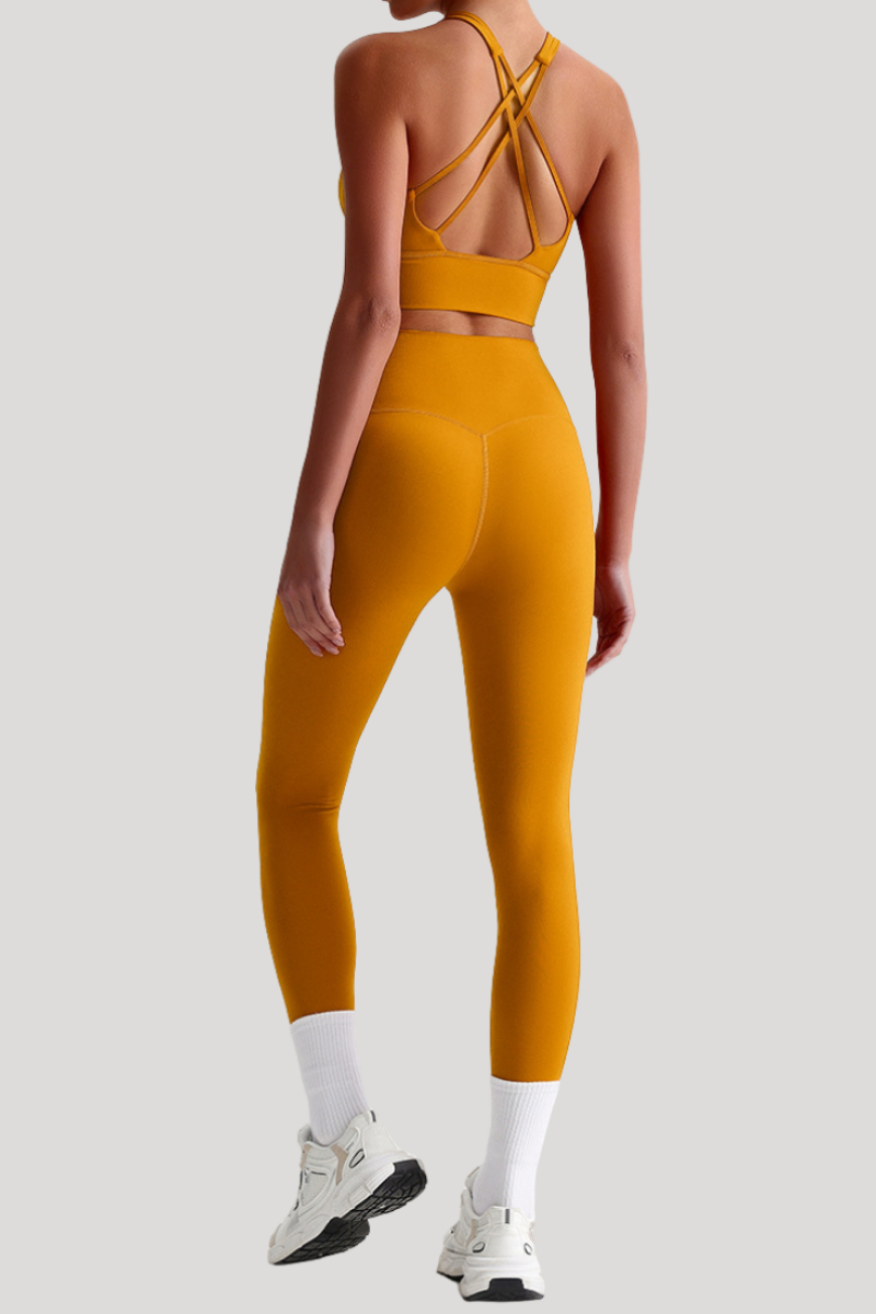 Women Naked Feel Cross Back Yoga Set: High Waisted Seamless Tummy Control Leggings + Crisscross Sports Bra