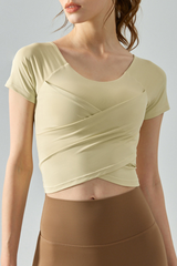 Women’s Stretch-Knit Cap-Sleeve Cropped Gym Tee with Crisscross Front