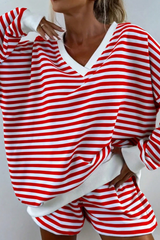 Women's Fall Striped V-Neck Sweatshirts And Shorts Set