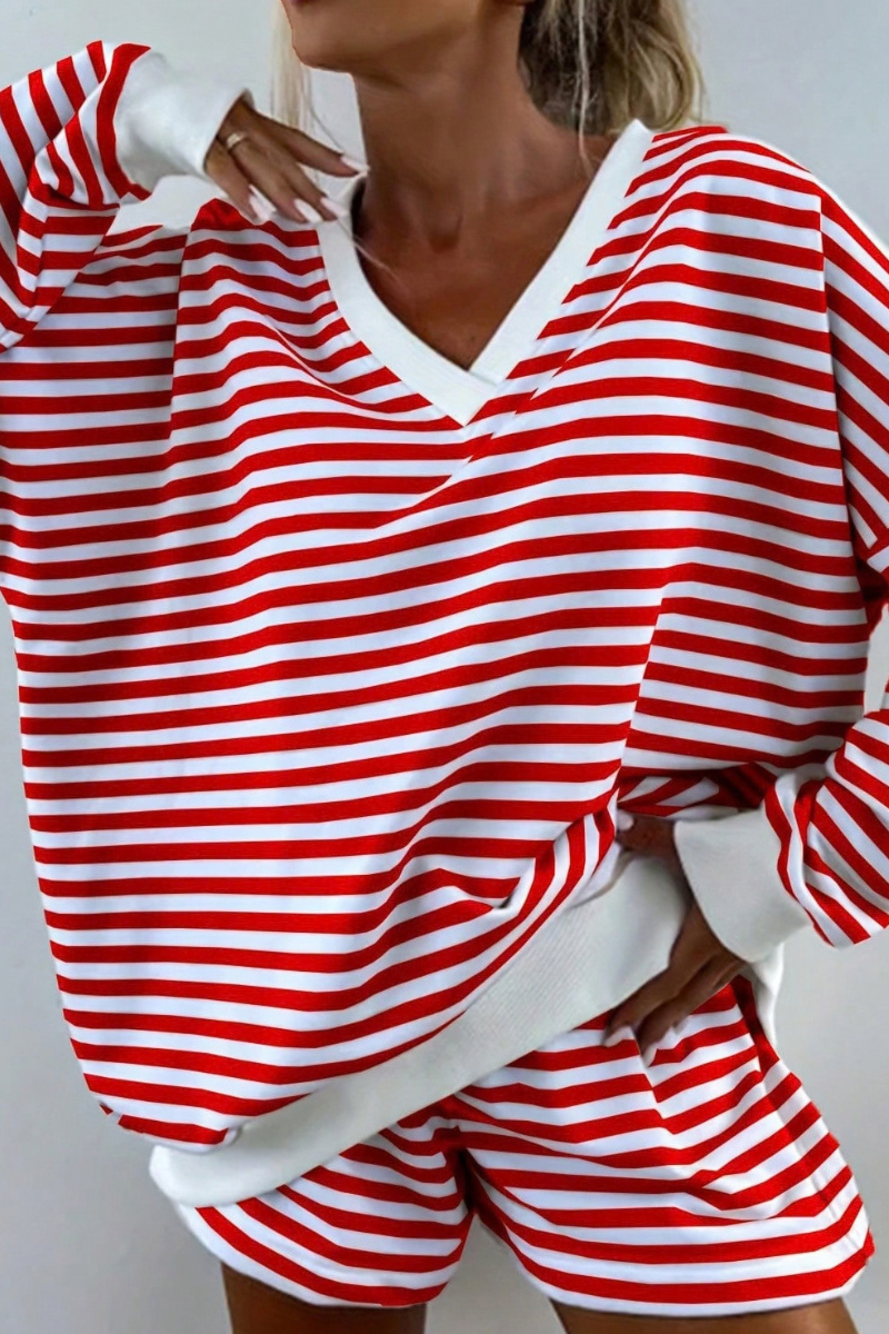 Women's Fall Striped V-Neck Sweatshirts And Shorts Set