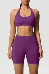 Women Halter Neck Yoga Set: High-Waisted Sculpting Shorts + Backless Sports Bra
