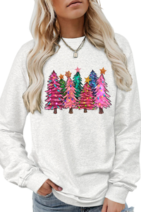 Women's Christmas Colorful Tree Print Crew Neck Sweatshirt