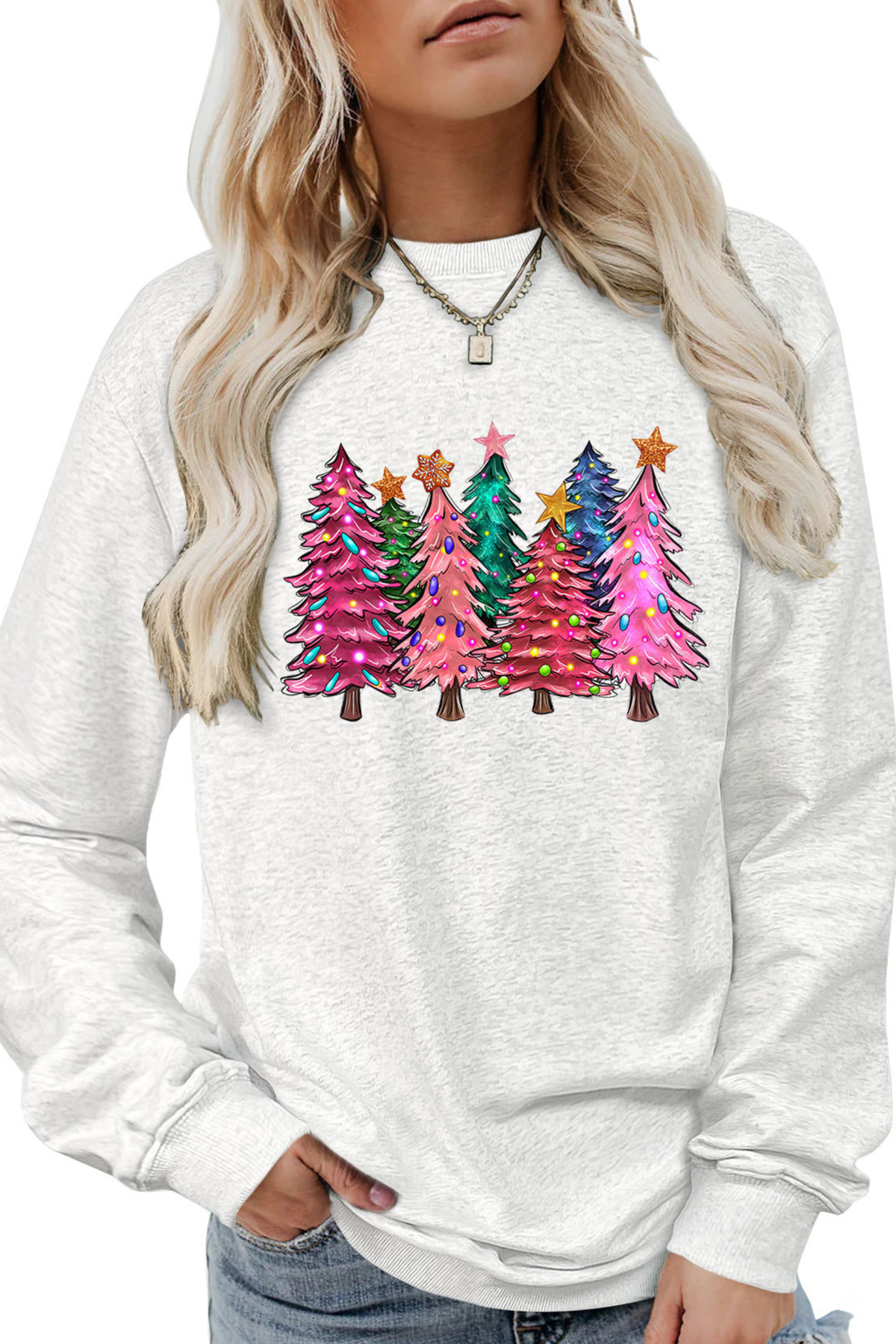 Women's Christmas Colorful Tree Print Crew Neck Sweatshirt