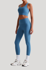 Women Naked Feel Cross Back Yoga Set: High Waisted Seamless Tummy Control Leggings + Crisscross Sports Bra
