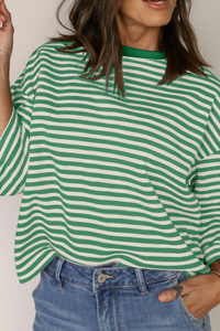 Women's Striped Round Neck Back Tie Blouse Loose T-shirt