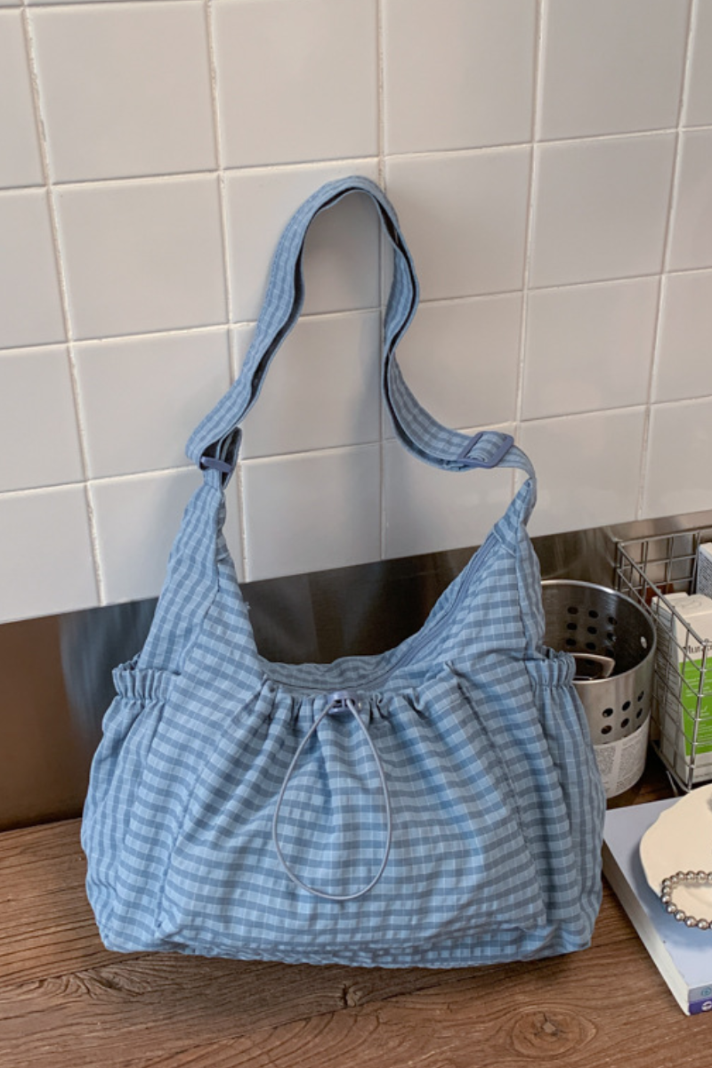 Women's Plaid Multi Pocket Drawstring Ruched Shoulde Bag