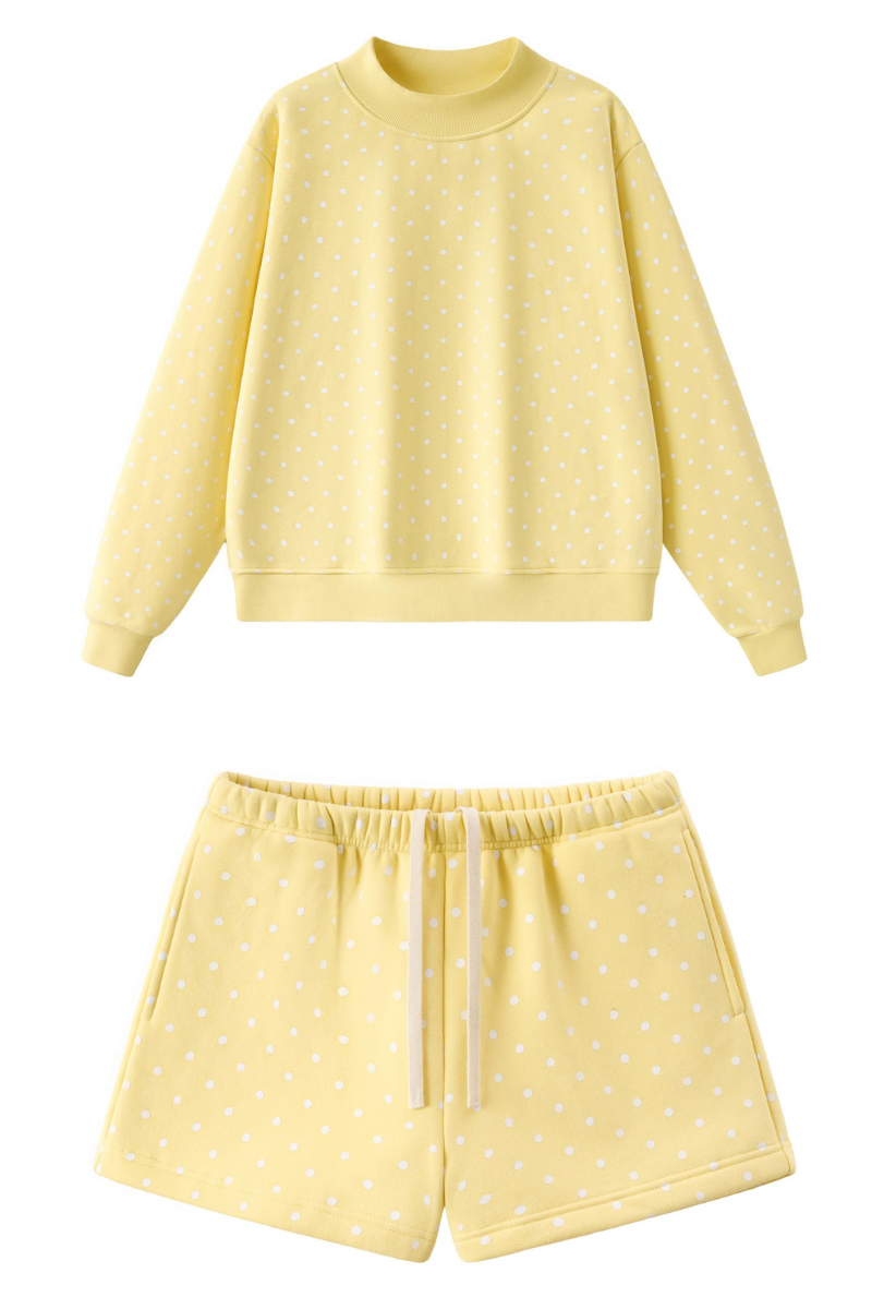 Unisex Fall Fleece Polka Dot Mock Neck And Shorts Outfit Set