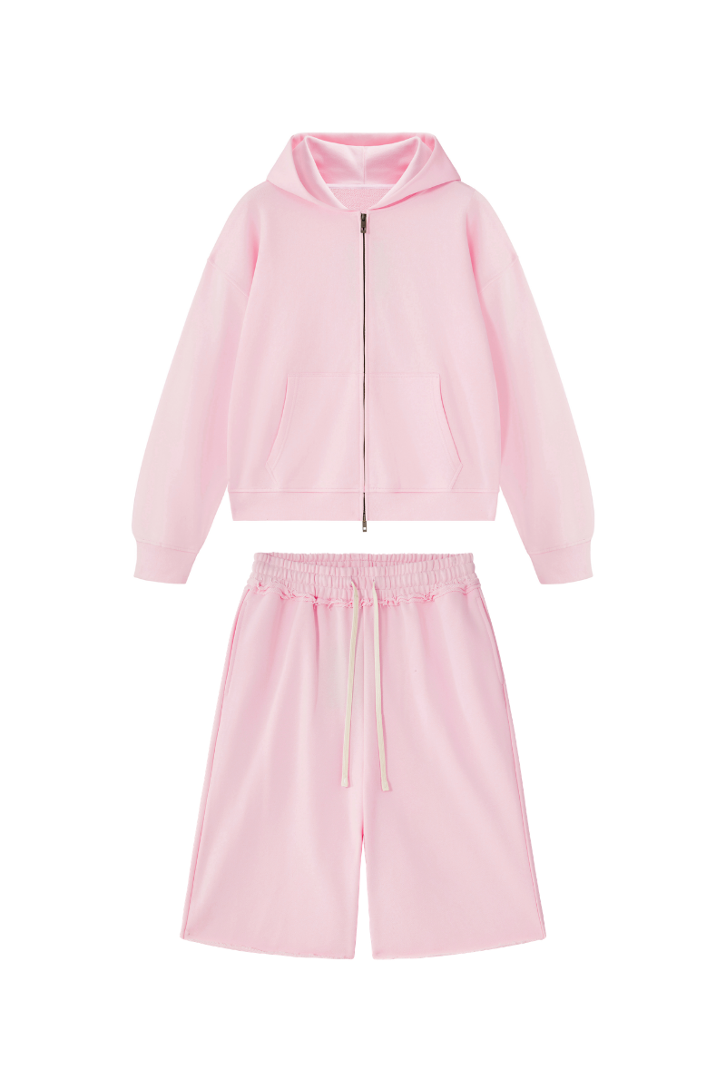 Men's 100% Cotton Loungewear Sets:Hooded Jacket &Mid Shorts