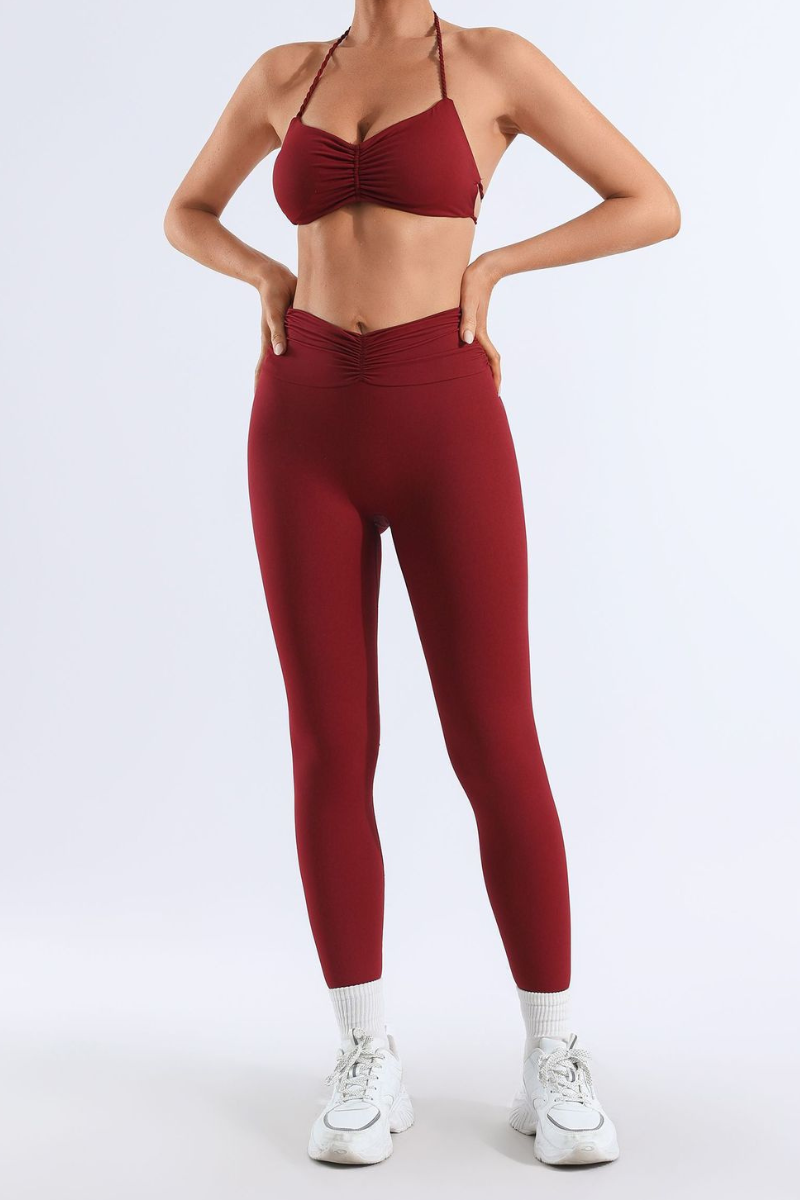 Women's Bare Feel Pleated Halter Backless Bra & Leggings Set