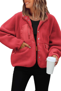 Women's Fall/Winter Patch Pockets Fleece Snap Button Jacket