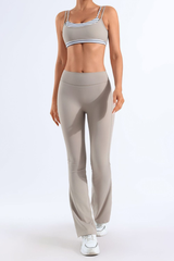 Women's Bare Feel Striped Color Block Bra & Flared Pants Yoga Set
