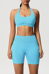 Women Halter Neck Yoga Set: High-Waisted Sculpting Shorts + Backless Sports Bra