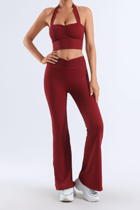 Women's Pleated Halter Neck Bra & Flared Pants Yoga Set
