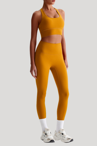 Women Naked Feel Cross Back Yoga Set: High Waisted Seamless Tummy Control Leggings + Crisscross Sports Bra